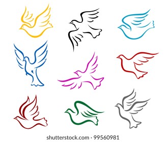 Pigeons and doves symbol set for peace or wedding concept design, such  a logo. Jpeg version also available in gallery