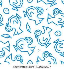 Pigeons, feathers and eggs low poly seamless pattern. Blue lines on white background.