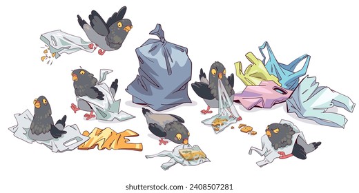 Pigeons feed on garbage. Animal ecological problem. Animals surrounded by trash and plastic bags. Cartoon style. Colorful cartoon character. Funny vector illustration. Isolated on white background