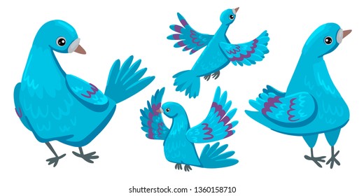 Pigeons, flapping their wings, flying and sitting, silly glance, city bird, cartoon character design.