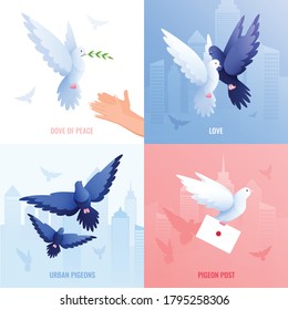 Pigeons flat 2x2 design concept with set of square compositions with dove of peace and post vector illustration