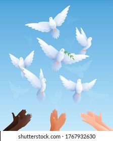 Pigeons flat composition with clear blue sky background and human hands of different colour liberating pigeons vector illustration