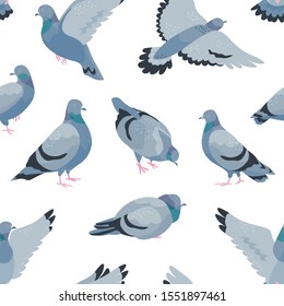 Pigeons flat vector seamless pattern. Cartoon grey birds on white background. Trendy animalistic textile print. Wildlife fauna wallpaper, sitting and flying doves wrapping paper design.