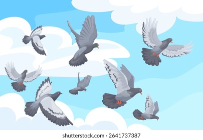 Pigeons flock. Flying doves group in blue sky cartoon background, pigeon flight cloud nature outdoor landscape city birds feather wings freedom concept, neat vector illustration original artwork