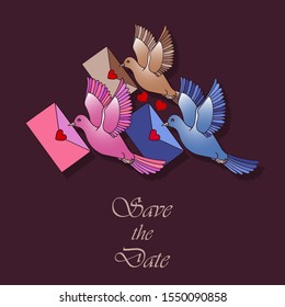 pigeons fly with an envelope in their beak. wedding card, for valentines day, for birthday. eps10 vector illustration.