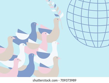 Pigeons flying in the sky above the ground. An olive branch in the beak of a bird. Model of the planet Earth. International Day of Peace.Vector illustration in a flat design.
