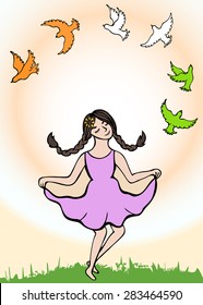 Pigeons and girl - fly birds on bright sunny day with shining sunshine rays. Girl releasing pigeon for freedom
