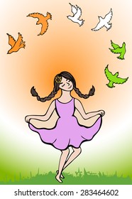 Pigeons and girl - fly birds on bright sunny day with shining sunshine rays. Girl releasing pigeon for freedom