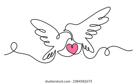 Pigeons with a heart one continuous line drawing. Bird symbol of peace, love and freedom in simple linear style. Valentine Day. Vector outline illustration for banner, brochure, poster, presentation