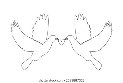 Pigeons with a heart one continuous line drawing. Bird symbol of peace, love and freedom in simple linear style. Valentine Day. Hand made vector not AI.