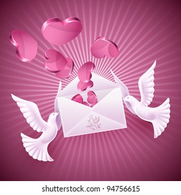 Pigeons love holding the envelope with the message. Background on Valentine's Day
