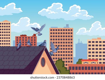 Tauben auf dem Dach der Stadt. Das Konzept städtischer Tiervögel und die Silhouette der Stadt. Vektorgrafik-einzelne Grafikdesign-Illustration