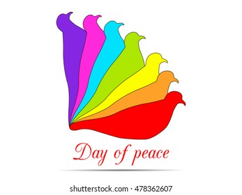 Pigeons on a white background. Doves in the colors of the rainbow logo. International Day of Peace. Vector illustrations.