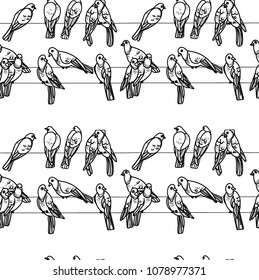 Pigeons on wires. Seamless pattern with birds. Drawing by hand. Coloring for children.