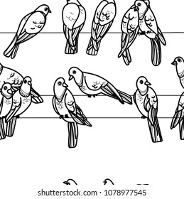 Pigeons on wires. Seamless pattern with birds. Drawing by hand. Coloring for children.