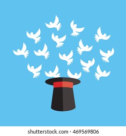 a Pigeons out of the hat illustration isolated in a light blue background