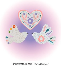 Pigeons peace birds witn floral heart poster on gradient background. White dove abstract love illustration with botanical element. Perfect for St. Valentines Day, International Peace Day cards.