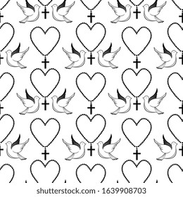 Pigeons and prayer beads. Biblical symbols. Easter seamless pattern