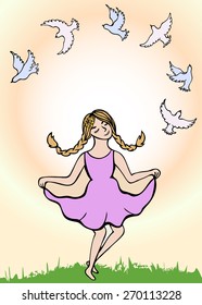 Pigeons and running girl  - white  birds fly into the bright sunlight