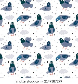 Pigeons seamless pattern. Cute print with doves pecking seeds. Street grey birds in different poses and angles. Urban inhabitants. Avian flock. Animals eating grains