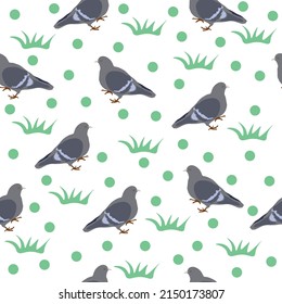 Pigeons seamless pattern. Cute print with pigeons, grass and green polka dots. Street grey birds. Urban inhabitants. Avian flock. Decor textile, wrapping paper wallpaper, vector print