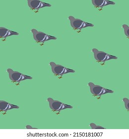 Pigeons seamless pattern. Cute print with doves on a green background.  Street grey birds. Urban inhabitants. Avian flock. Decor textile, wrapping paper wallpaper, vector print