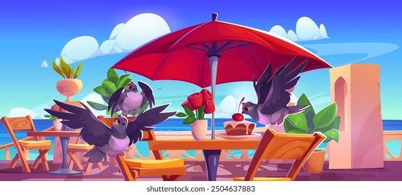 Pigeons sitting on table in seaside cafe. Vector cartoon illustration of comic street birds eating cake on outdoor restaurant table under umbrella, blue ocean view on sunny day, summer resort scene