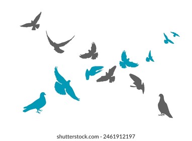 Pigeons stand on the ground and fly into the sky. Vector illustration