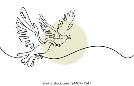 Pigeons with sun continuous line art drawing isolated on white background. Black and white. Vector illustration