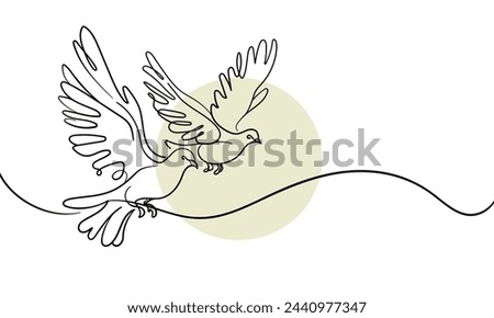 Pigeons with sun continuous line art drawing isolated on white background. Black and white. Vector illustration