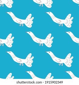 Pigeons are white on a blue background. The pattern is simple for textiles, fabrics, backgrounds, packaging paper, wallpaper, ceramics.
