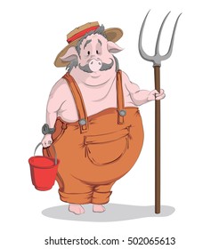 Pig-farmer with a pitchfork and bucket. Vector cartoon illustration on a white background.