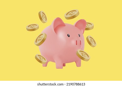 Piggg bank and gold coin 3d render vector on isolated background,  money icon bank finance illustrations, dollars cash business currency save cash, wealth investment 