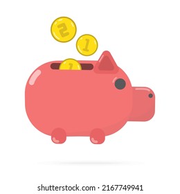 Piggi bank pink and yellow coins, on white background . Flat design illustration. Stock vector graphics