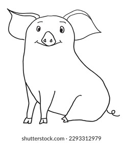 Pigglet outline illustration vector image. 
Hand drawn piggy image artwork. 
Simple cute original logo of a monochrome cartoon pig.
Hand drawn vector illustration for posters, cards, t-shirts.