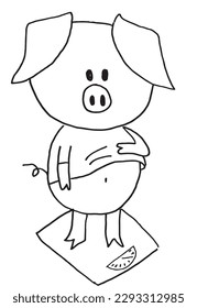 Pigglet outline illustration vector image. 
Hand drawn piggy image artwork. 
Simple cute original logo of a monochrome cartoon pig.
Hand drawn vector illustration for posters, cards, t-shirts.