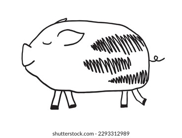 Pigglet outline illustration vector image. 
Hand drawn piggy image artwork. 
Simple cute original logo of a monochrome cartoon pig.
Hand drawn vector illustration for posters, cards, t-shirts.