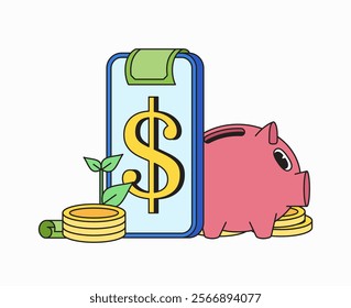 Piggy band with phone and dollar sign coin, a money in blank space background cartoon illustration retro hand drawn perfect for promoting savings and finance