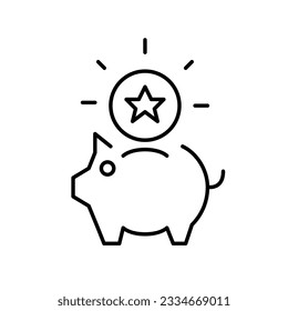 Piggy band with shiny star coin. Receiving rewards and cash back. Pixel perfect, editable stroke