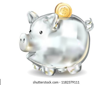 Piggy bank 3d realistic glass in vector on a white background. Cash back.