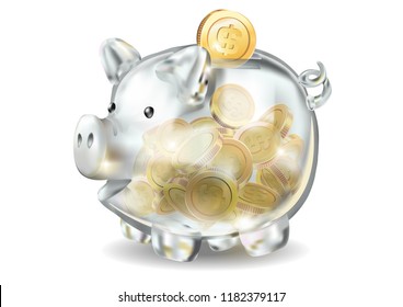 Piggy bank 3d realistic glass in vector on a white background. Cash back,