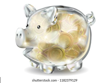 Piggy bank 3d realistic glass in vector on a white background. Cash back,