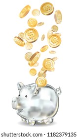 Piggy bank 3d realistic glass in vector on a white background. Cash back,