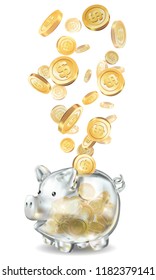 Piggy bank 3d realistic glass in vector on a white background. Cash back,