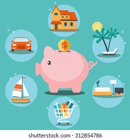 Piggy bank and 6 icons: house, car, yacht, shopping cart, furniture and holiday. Saving and investing money and financial planning vector concept. Insurance, credit card, mortgages and banking service