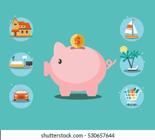 Piggy bank and 6 icons: house, car, yacht, shopping cart, furniture and holiday. Saving and investing money and financial planning vector concept. Insurance, credit card, mortgages and banking service