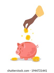 Piggy bank. African female hand puts gold coins in money box. Save money concept. Investments in future. Financial symbol. Banking or business services. Vector illustration in flat cartoon style.