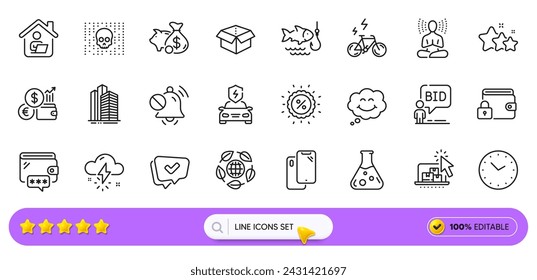 Piggy bank, Approved and Time line icons for web app. Pack of Chemistry lab, Smartphone, Cyber attack pictogram icons. E-bike, Smile, Car charging signs. Currency rate, Yoga, Stars. Search bar. Vector