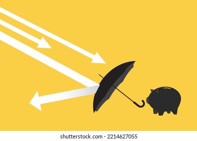 piggy bank behind umbrella to cover and protect from downturn arrow. Protection or defensive stock in economy crisis