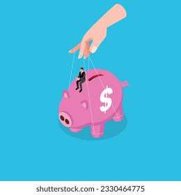 Piggy bank being controlled by puppeteer-Money control isometric 3d vector illustration concept for banner, website, illustration, landing page, flyer, etc